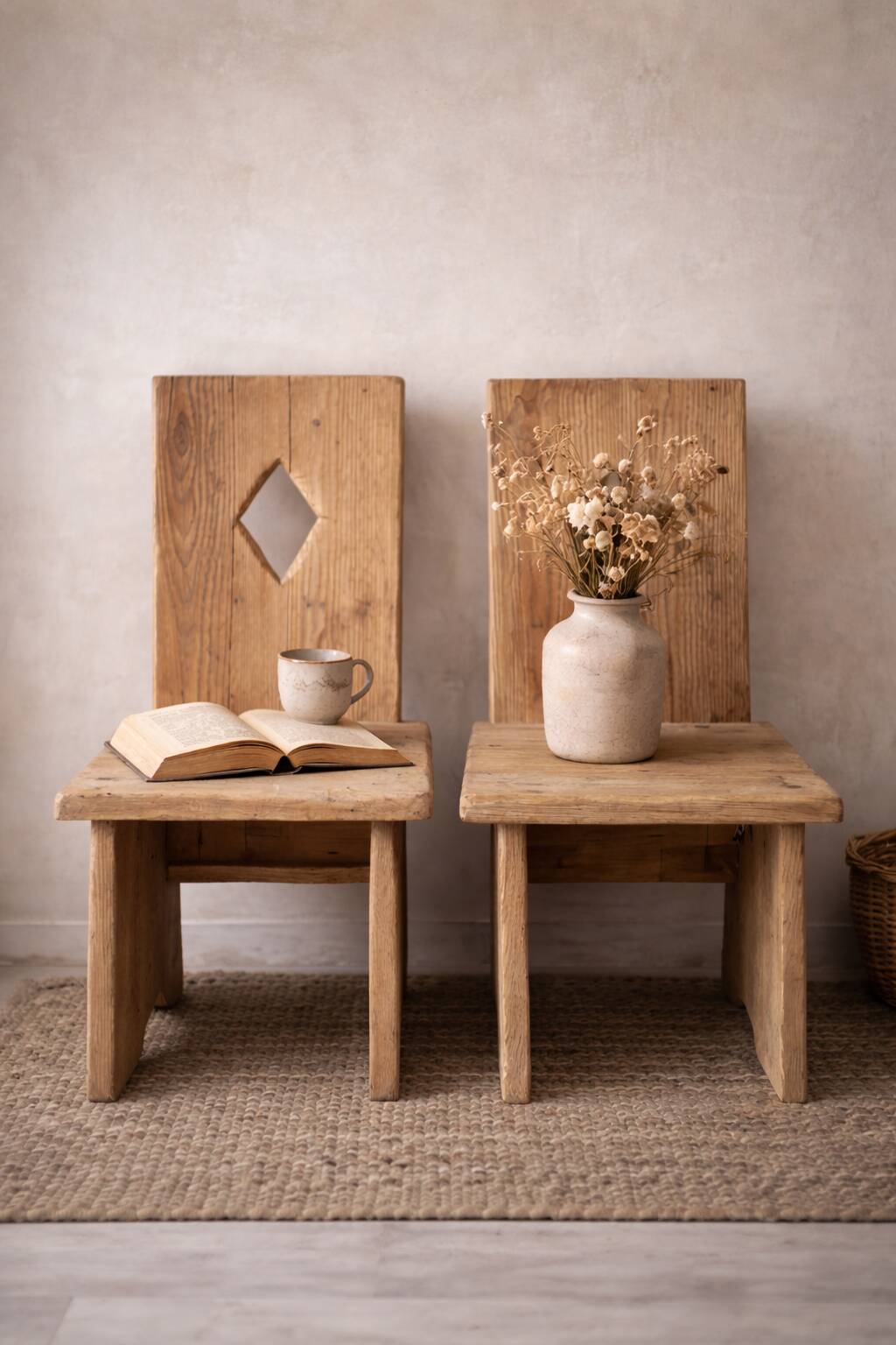 2 vintage chairs in brutalist style made of pitch pine with a waxed finish.