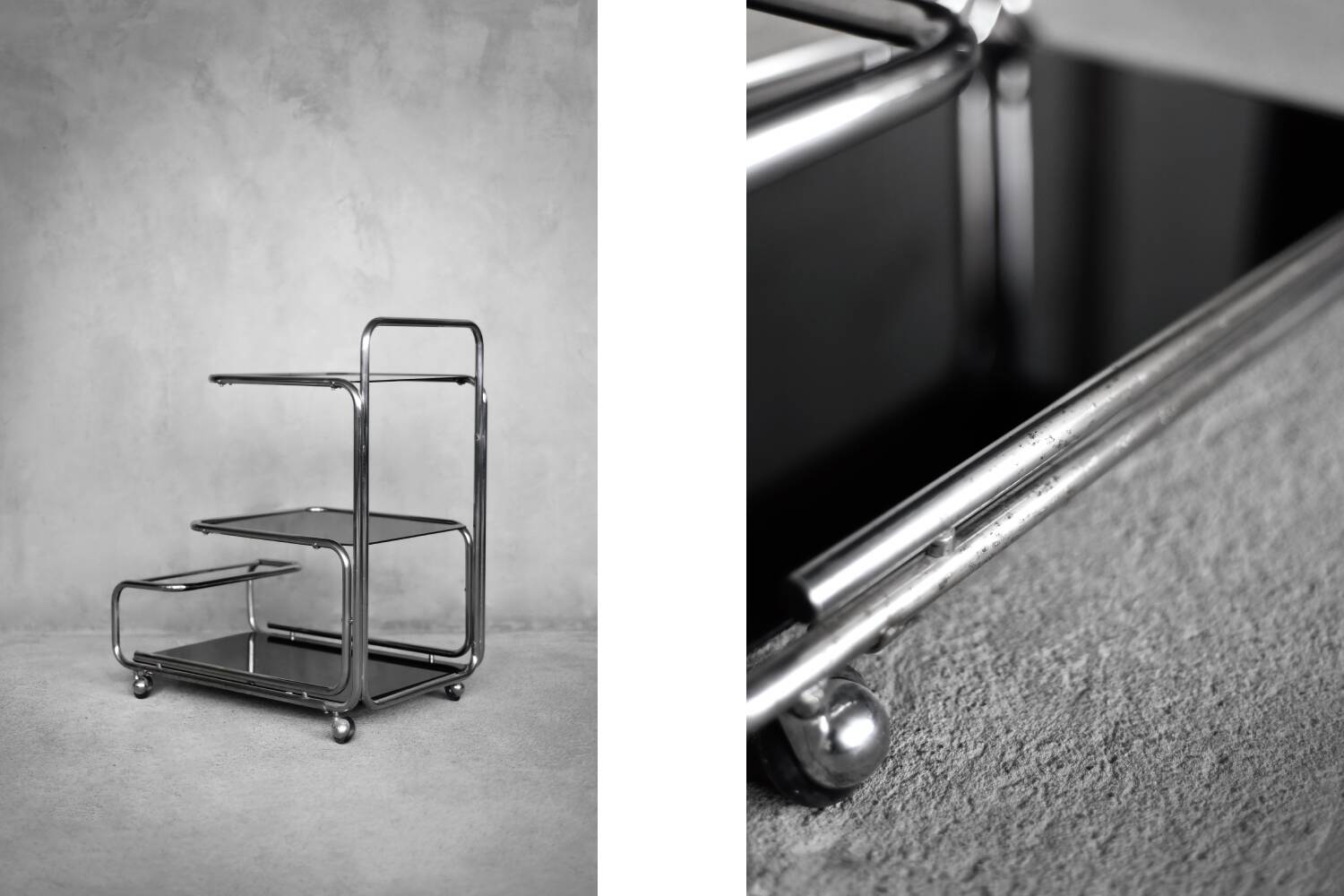 Vintage Mid-Century German Modern Bauhaus Chrome & Glass Serving Trolley