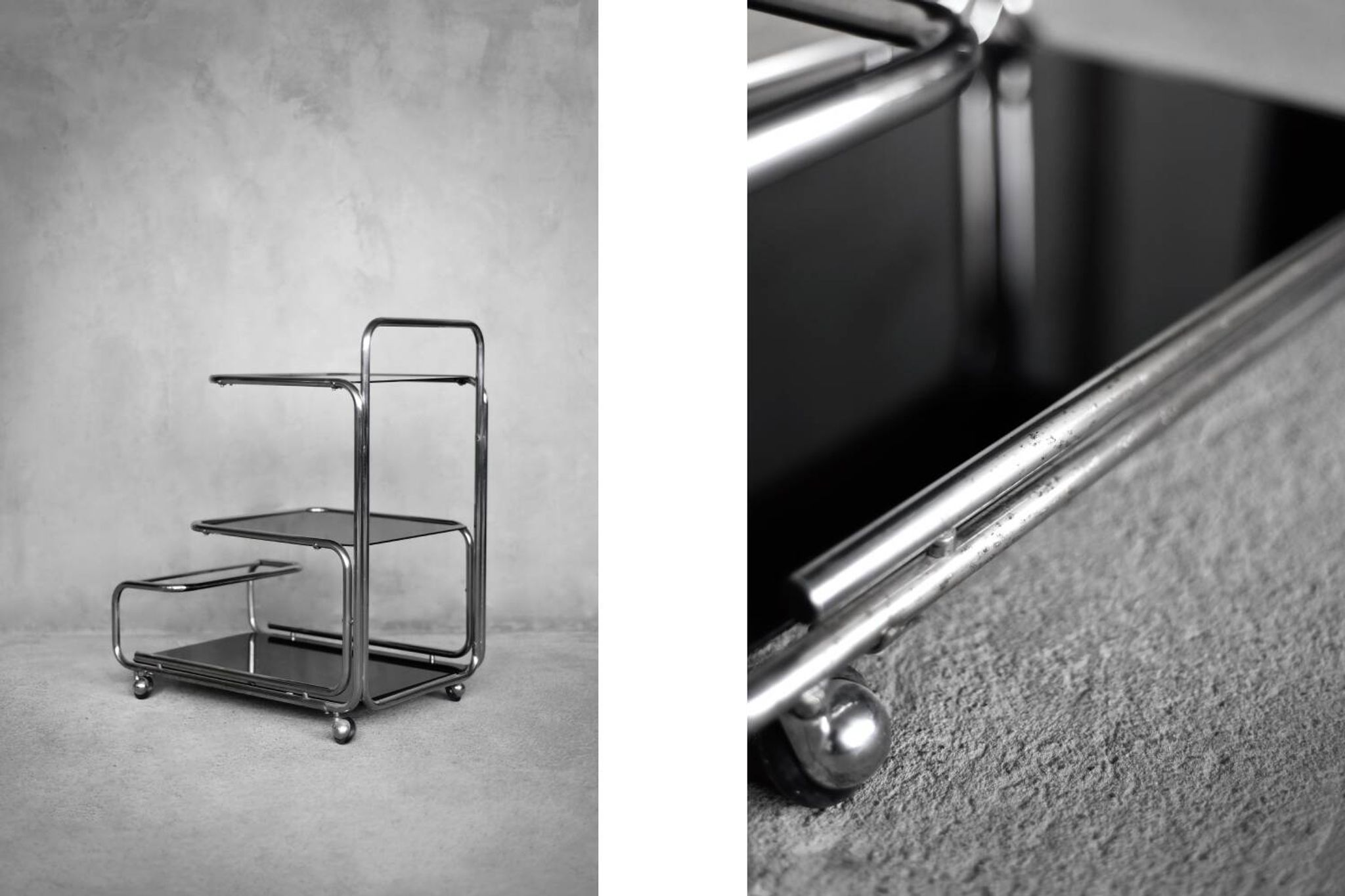 Vintage Mid-Century German Modern Bauhaus Chrome & Glass Serving Trolley