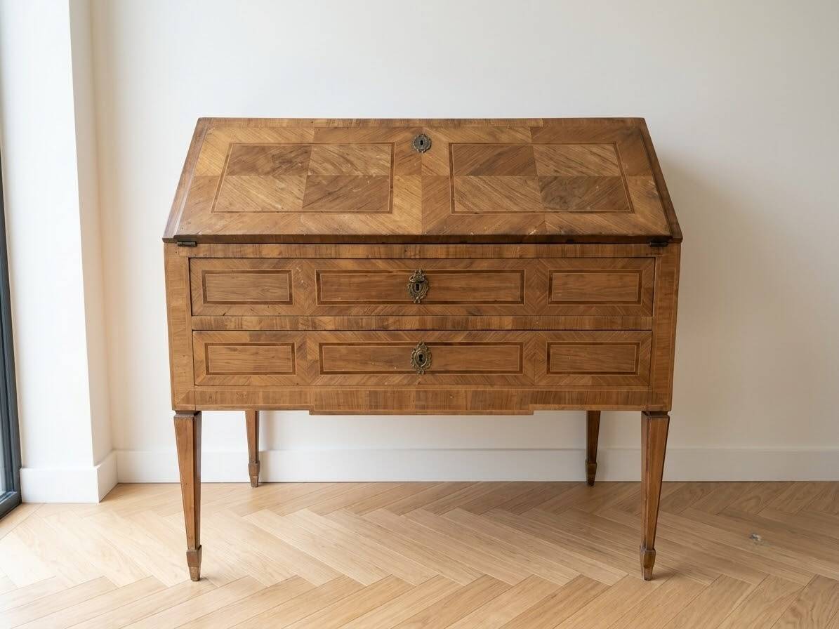 Antique wooden secretary desk with marquetry.