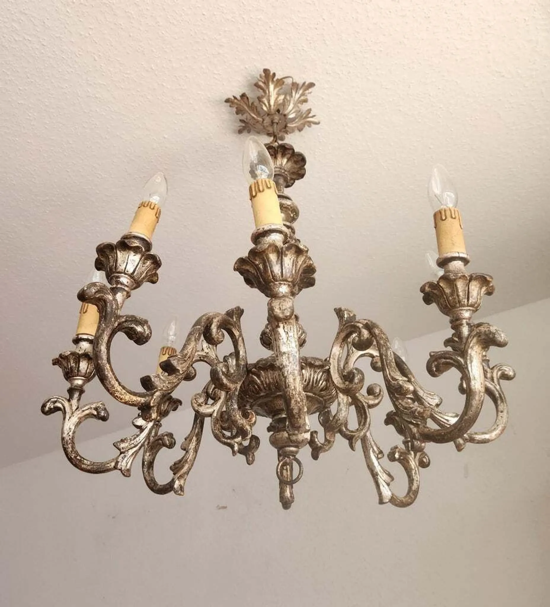Xl Large Vintage Regency Mid Century Louis XV Baroque Rococo Hand Painted Carved Wood 8 Light Chandelier Floral, Italy, Florence 1920 1950