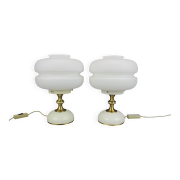 Pair of Napako table lamps from the 1970s in opaline glass and brass, Czechoslovakia.