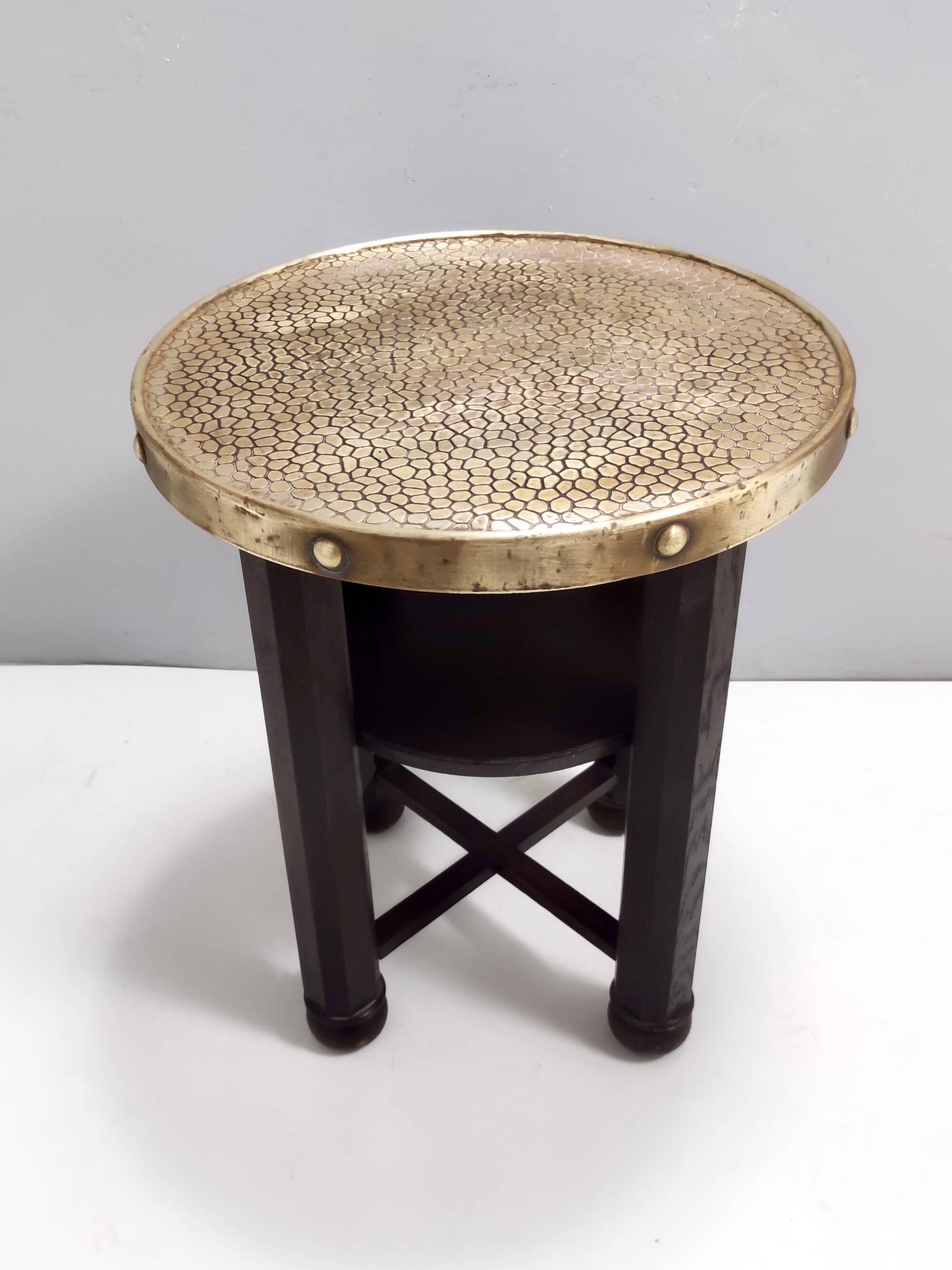 Secessionist Durmast Coffee Table with a Shelf and a Round Brass Top, Austria
