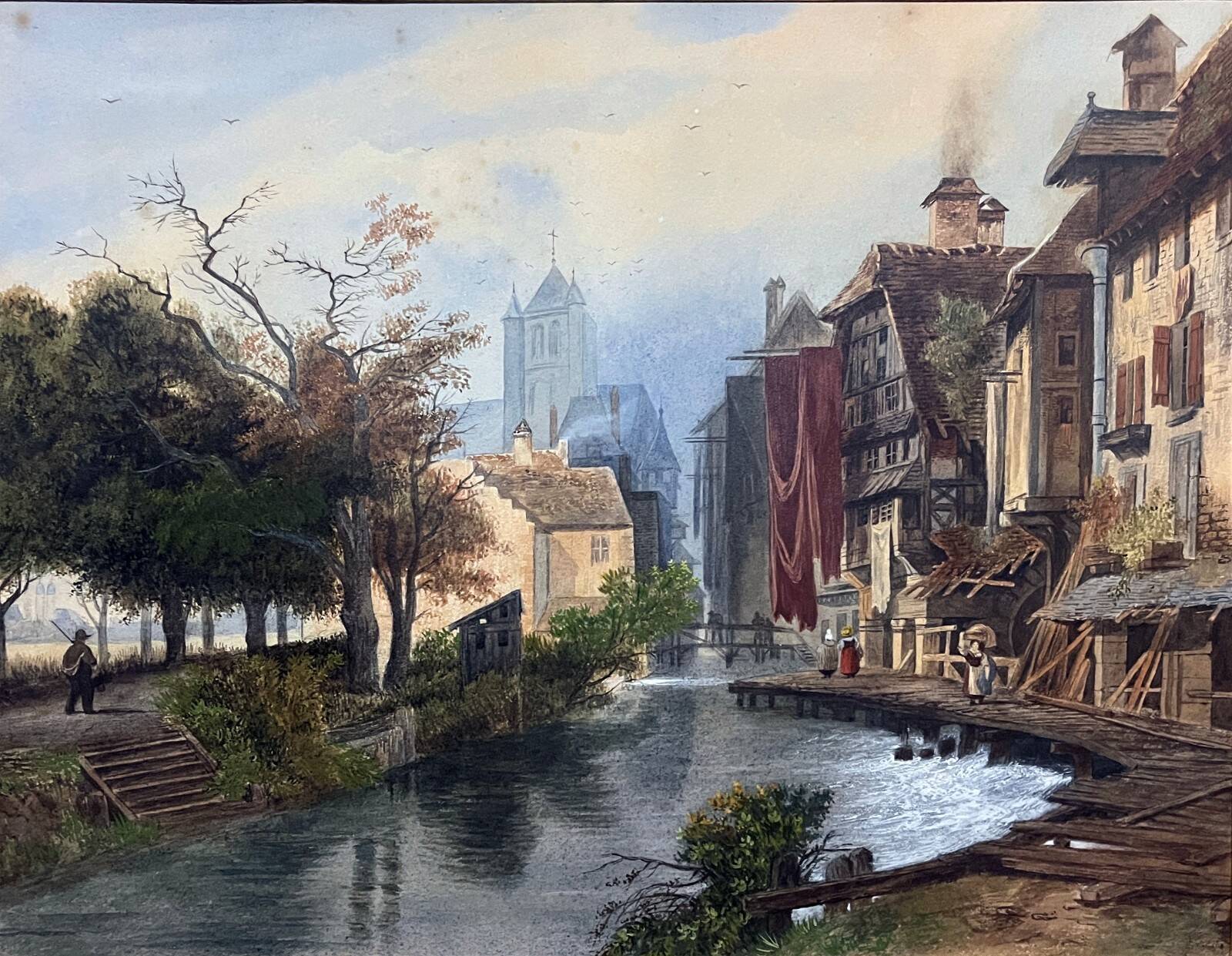 Large Watercolour Table XIX Century Tanneries District (Rouen?)