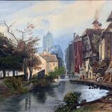 Large Watercolour Table XIX Century Tanneries District (Rouen?)