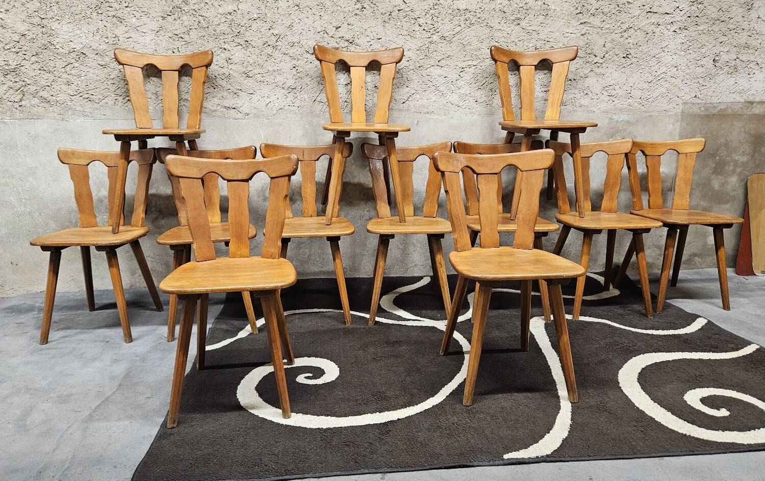 12 wooden bistro chairs, 1970