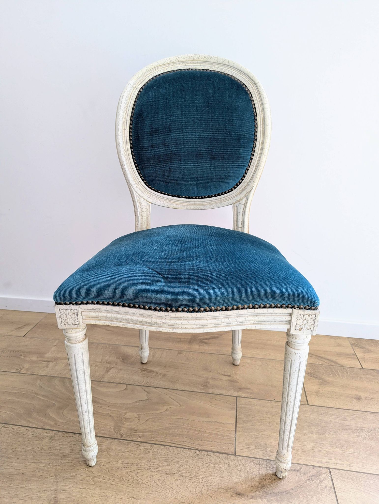Vintage Louis XVI style chair in petrol blue velvet and patinated wood