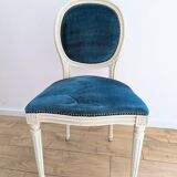 Vintage Louis XVI style chair in petrol blue velvet and patinated wood