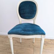 Vintage Louis XVI style chair in petrol blue velvet and patinated wood