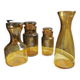 Set of pitcher + carafe + 2 amber glass jars