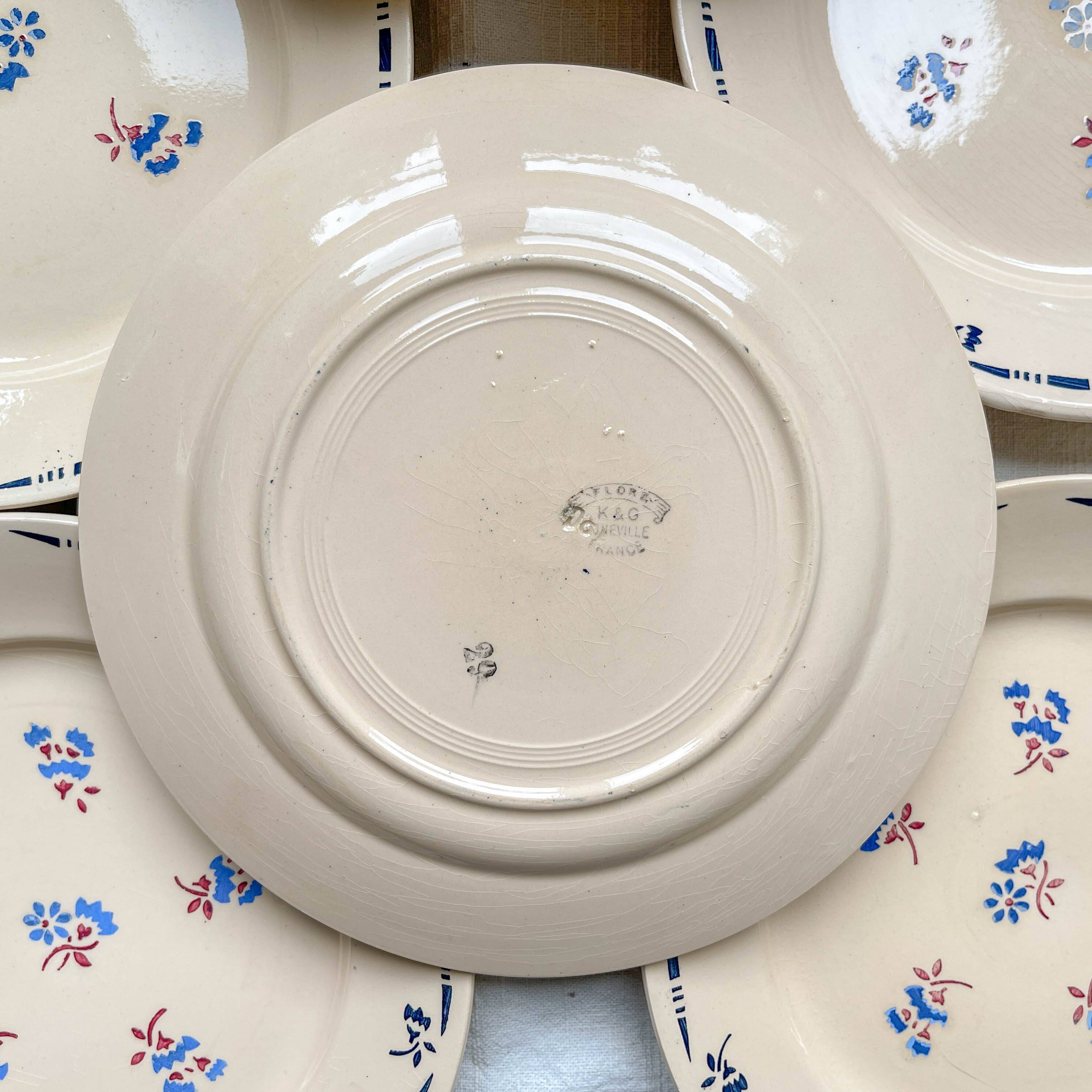 8 vintage K&G Luneville "Flore" porcelain dinner plates, 1950s, small blue flowers