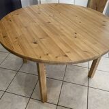 Round table 117cm extendable with a solid pine extension, vintage from the 1970s.