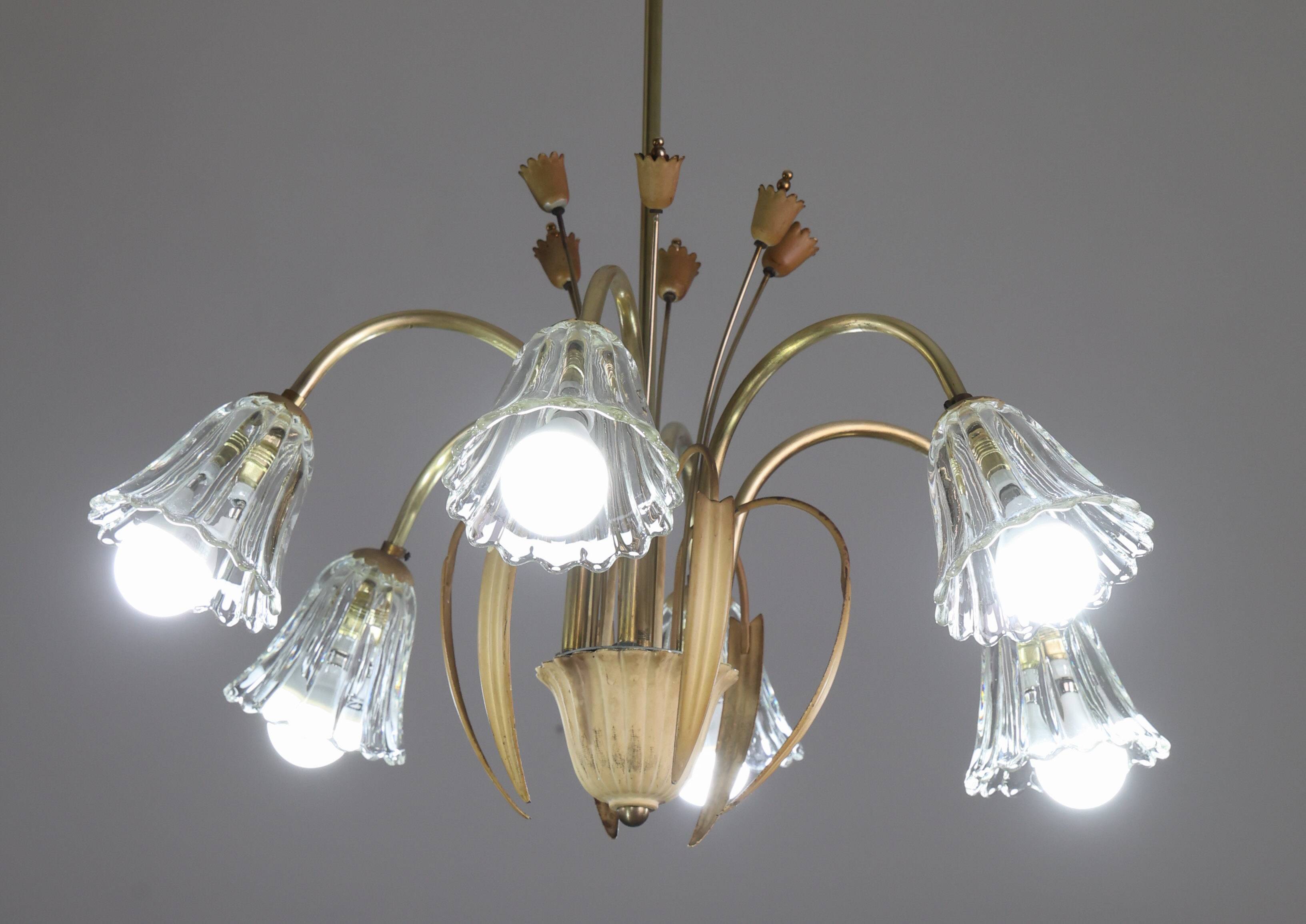 Art Deco Murano Glass and Brass Chandelier, 6 light, 1950