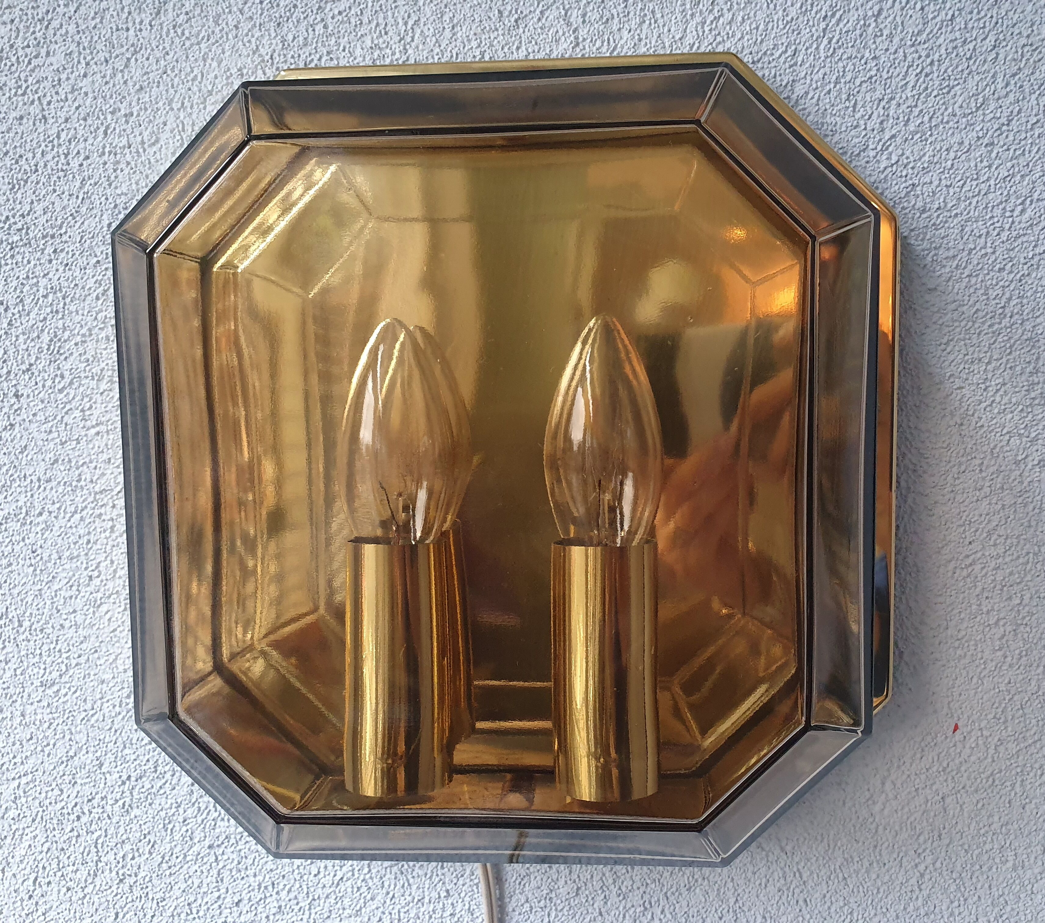 Geometric smoke topaz glass wall lamp, Glashütte Limburg, 80s