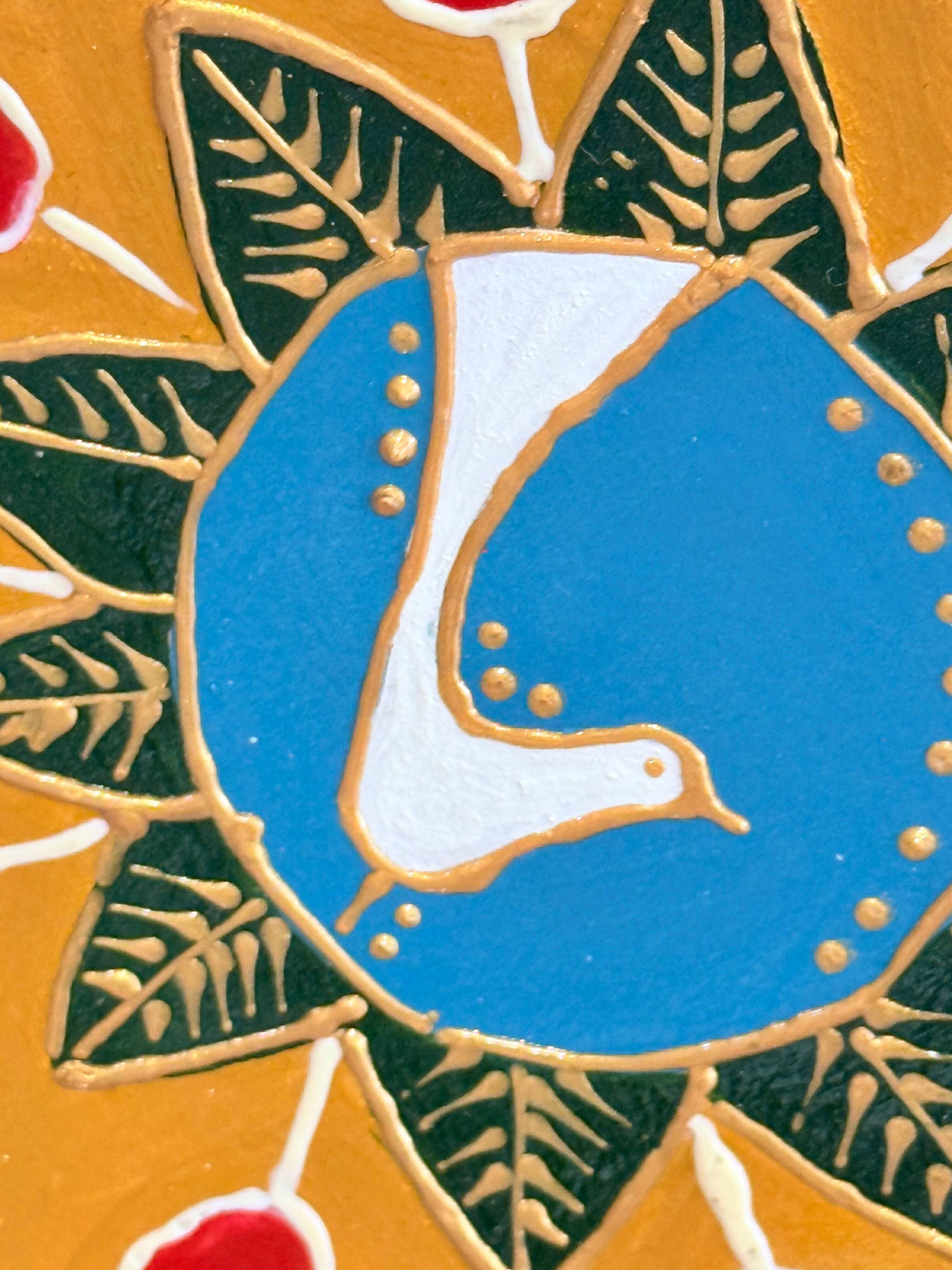 Hand-Painted Wall Decorative Ceramic Plate with Dove & Floral Folk Art Design
