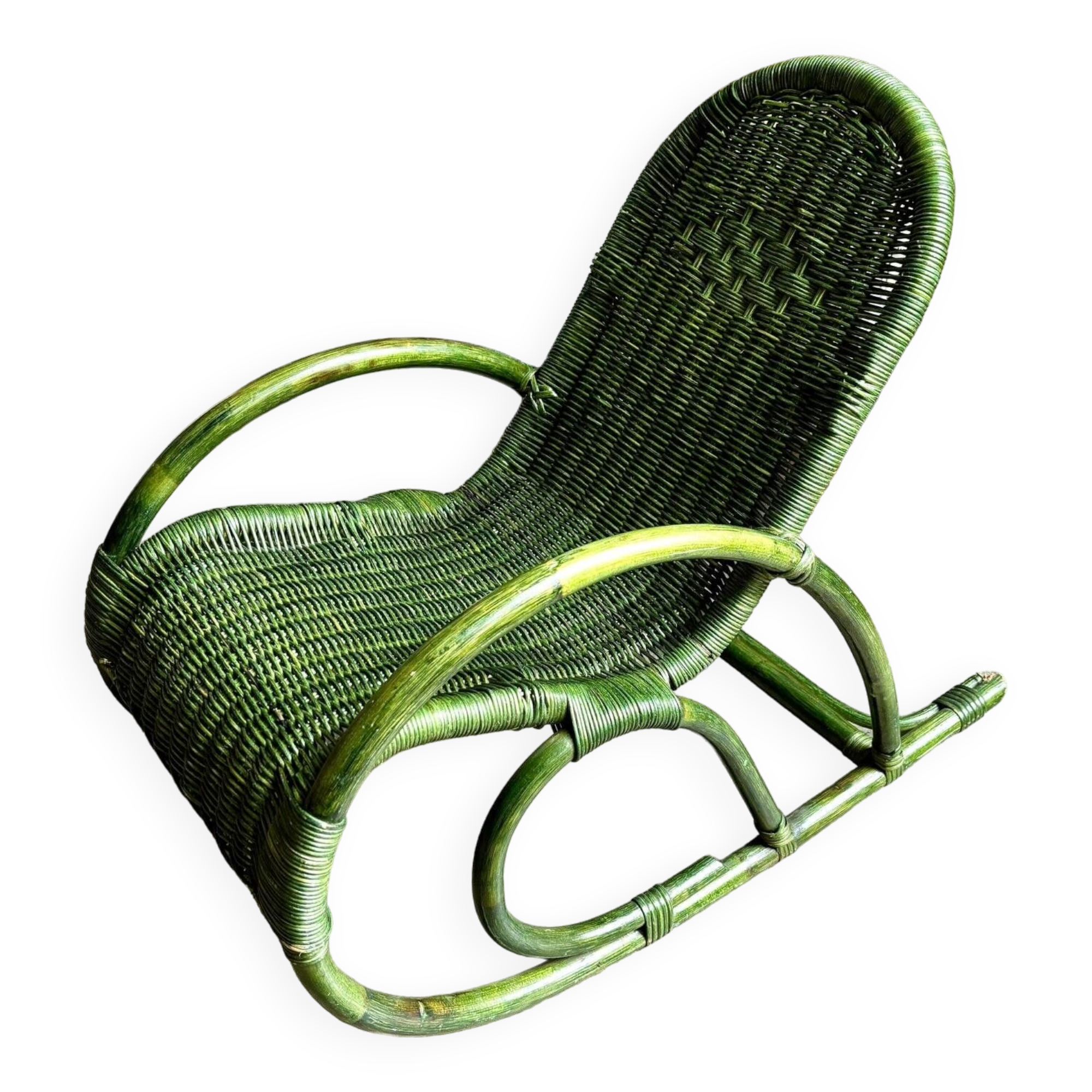 Children's rocking chair in woven wicker and green rattan