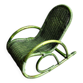 Rocking chair enfant en osier tressé et rotin vert