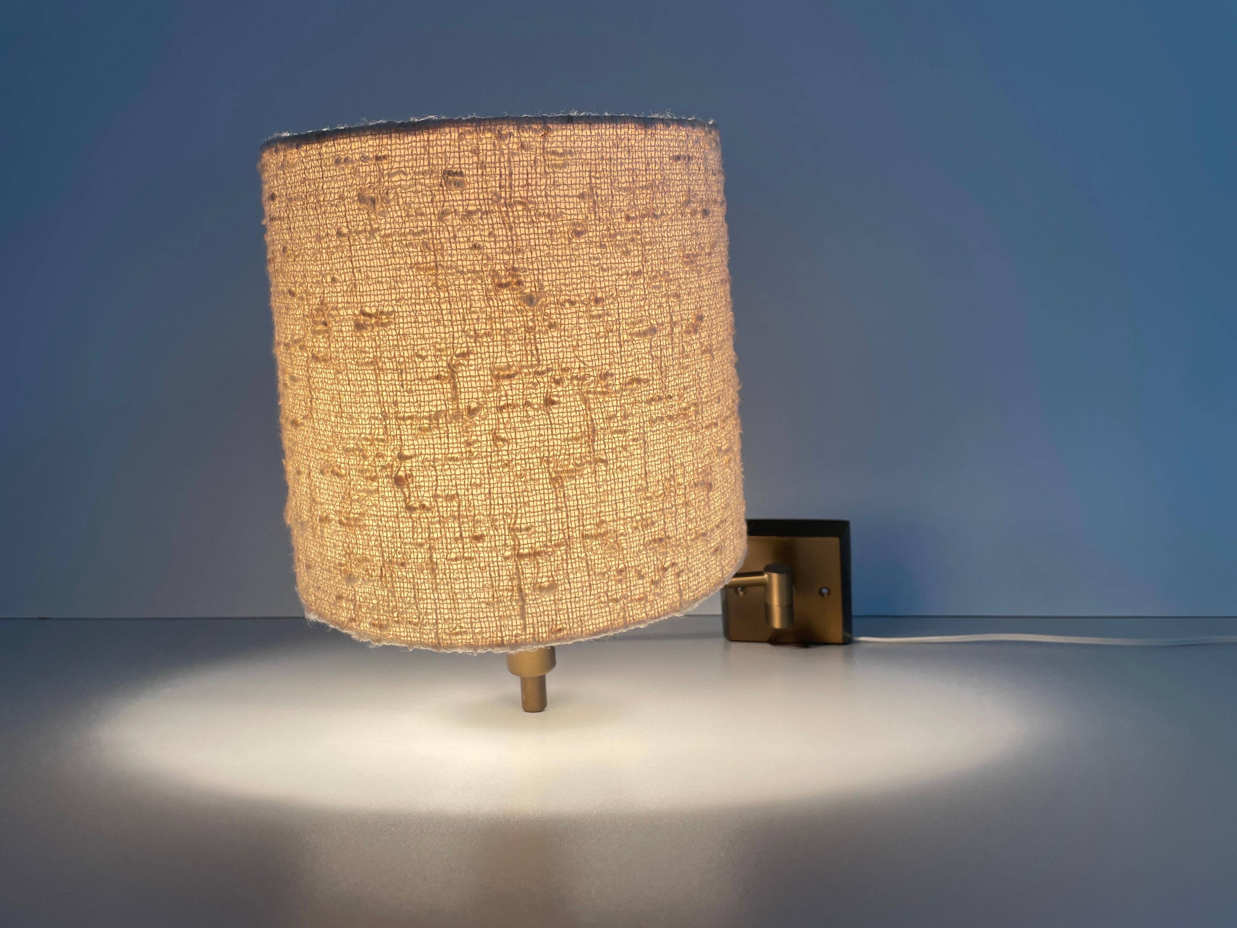 Adjustable brass wall lamp with fabric shade, Danish design, 1970s, Denmark.