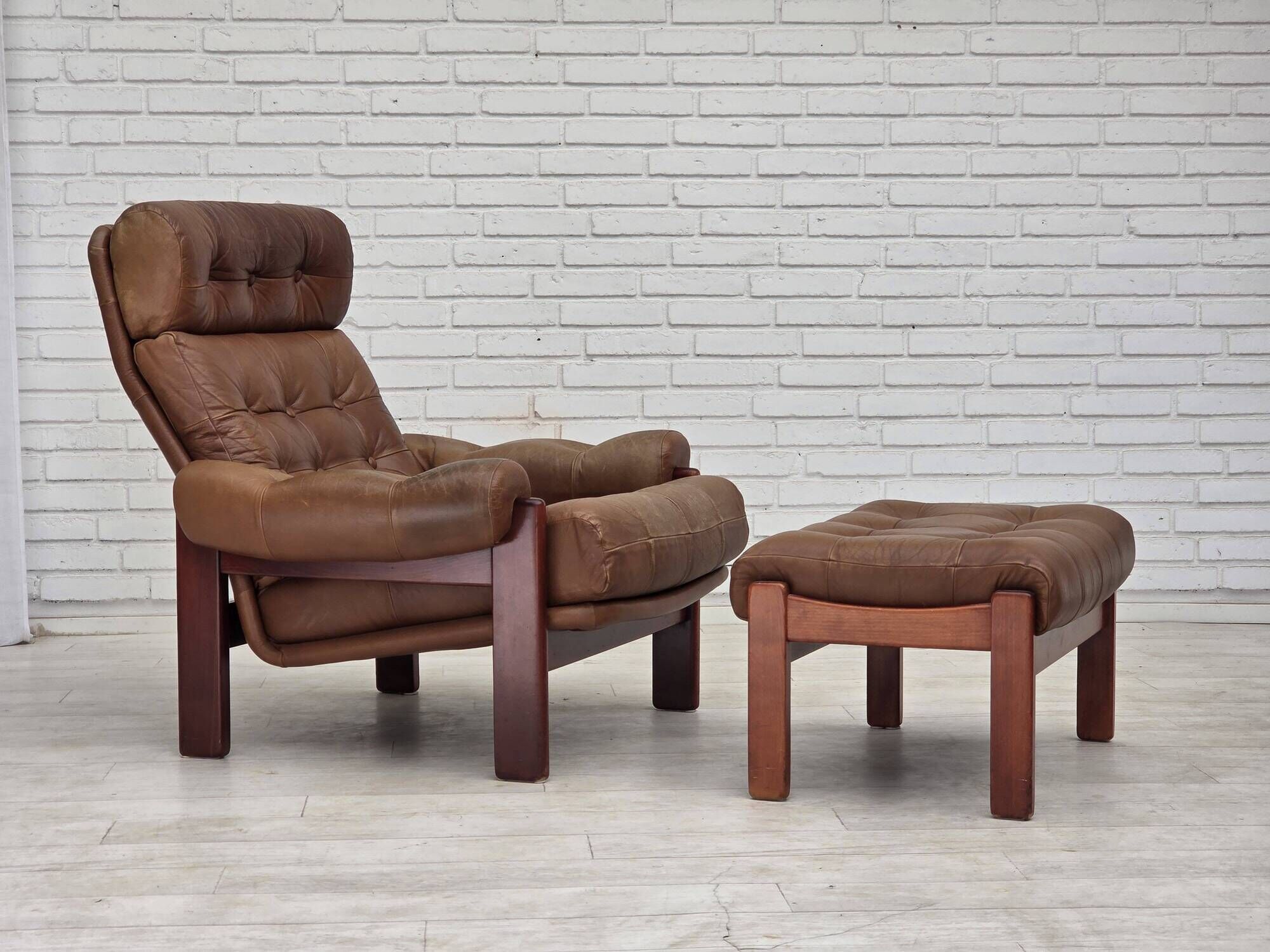 1970s, Swedish design, armchair with footstool, furniture leather.