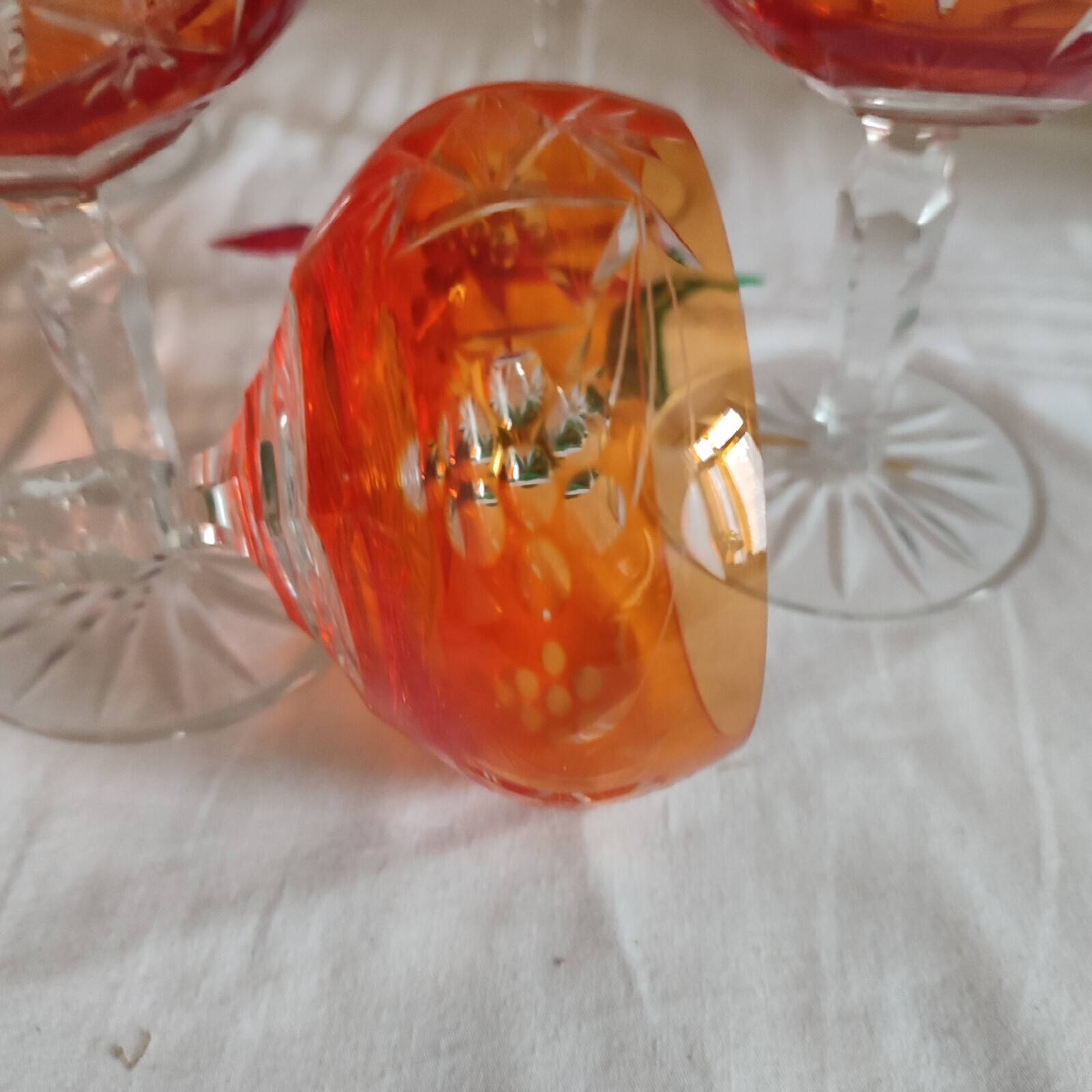 Five antique orange cut crystal champagne glasses with grape cluster decoration Poland