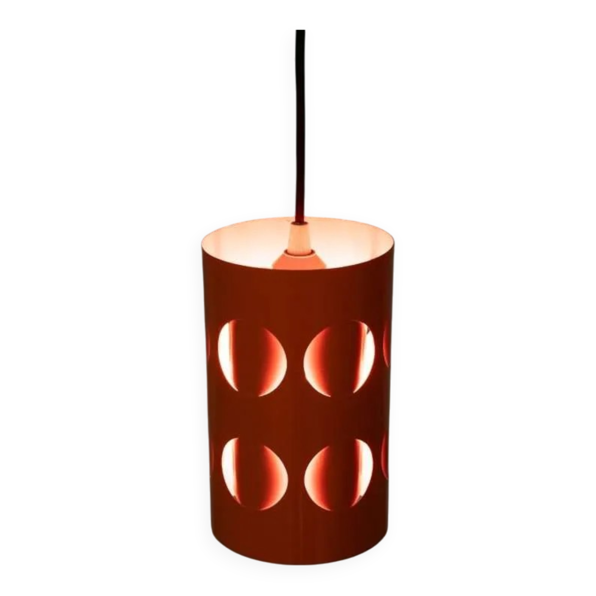 Vintage orange suspension light in a 1970s space age style.