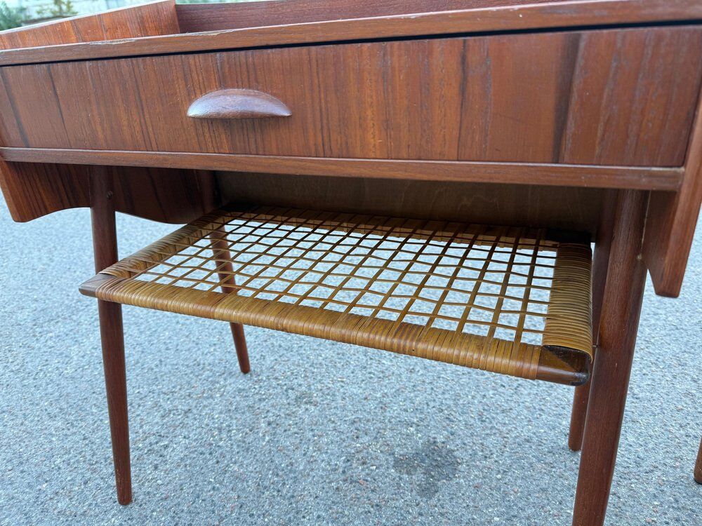 Modernist Danish teak bedside tables with rattan shelves, set of 2