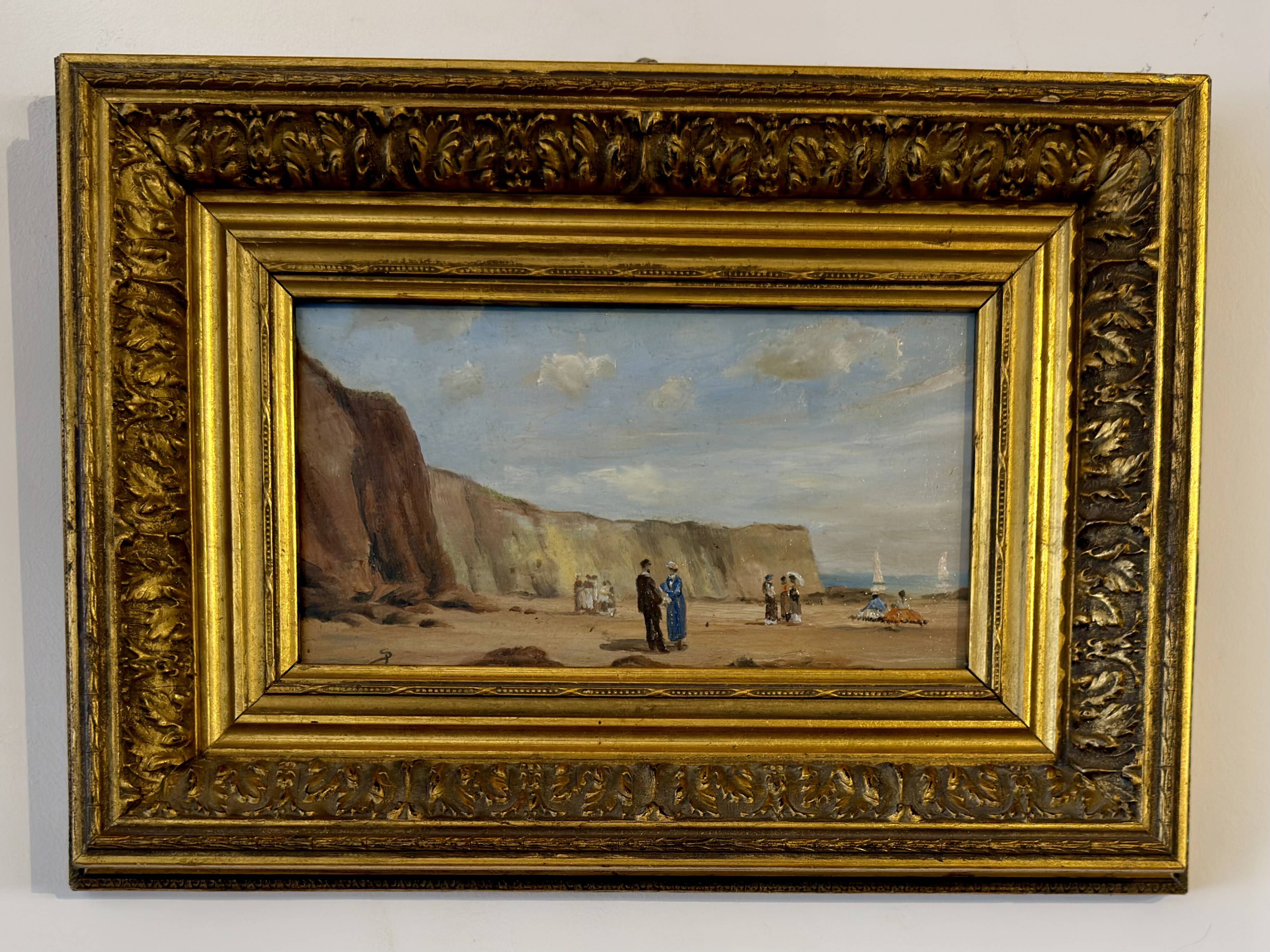 Oil on wood – Beach scene with cliffs – signed SP