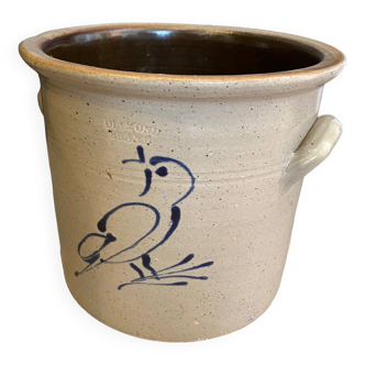 Cache pot en gres vernisse decor oiseau bleu au colbalt avec petites oreilles