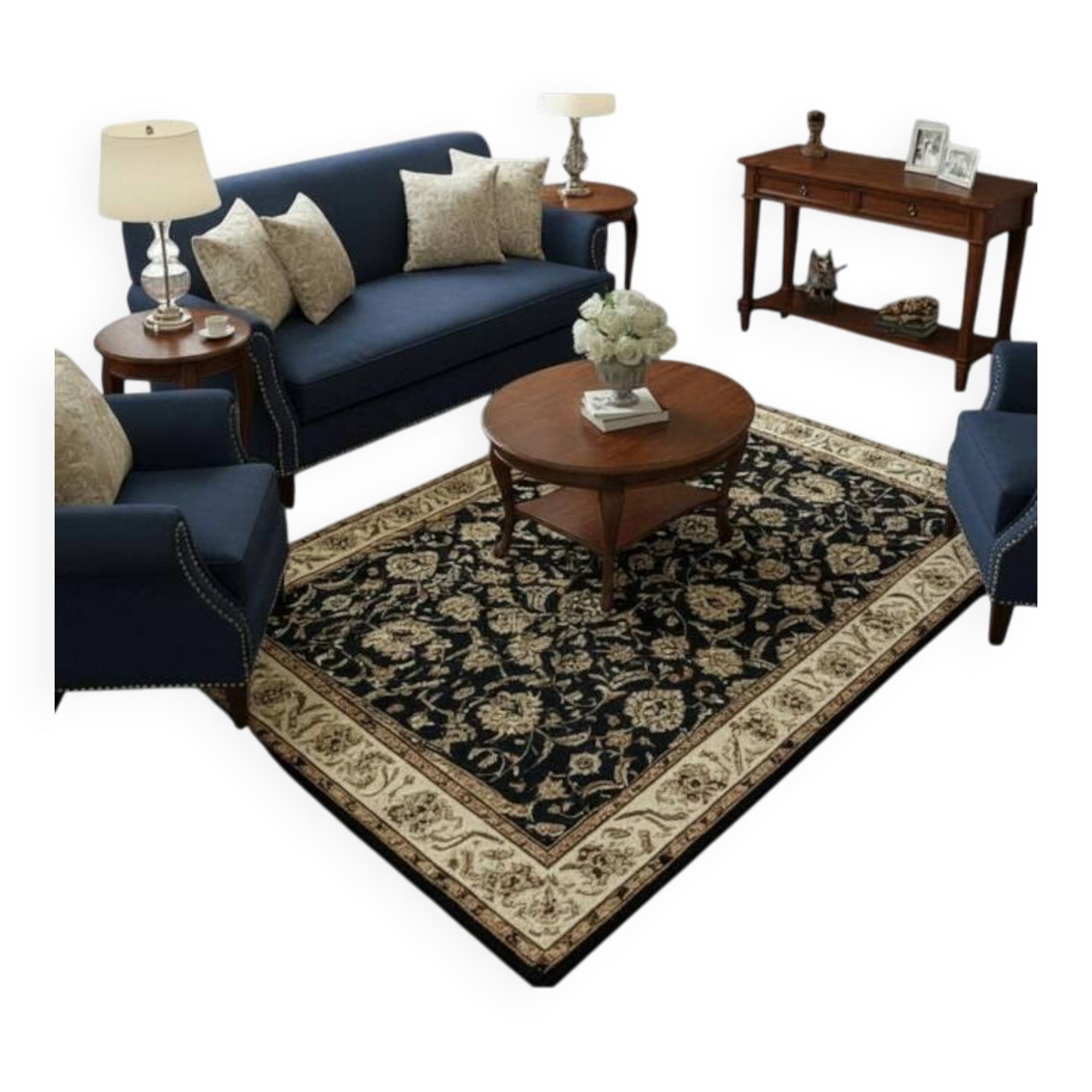 Classic Navy Blue and Gold Rug with a Refined Floral Design