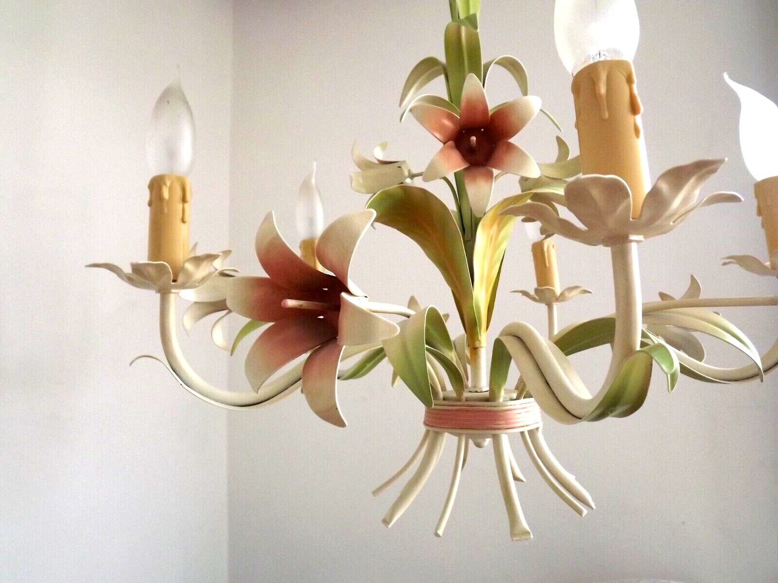 Vintage french 5 arm tied bouquet toleware chandelier pink lily flowers 4264