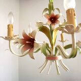 Vintage french 5 arm tied bouquet toleware chandelier pink lily flowers 4264