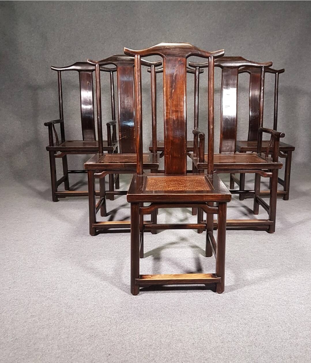 6 Vintage Oriental Asian Chinese Brown Tallback Yokeback Side Chairs. 2 x armchair / 4 x without a
