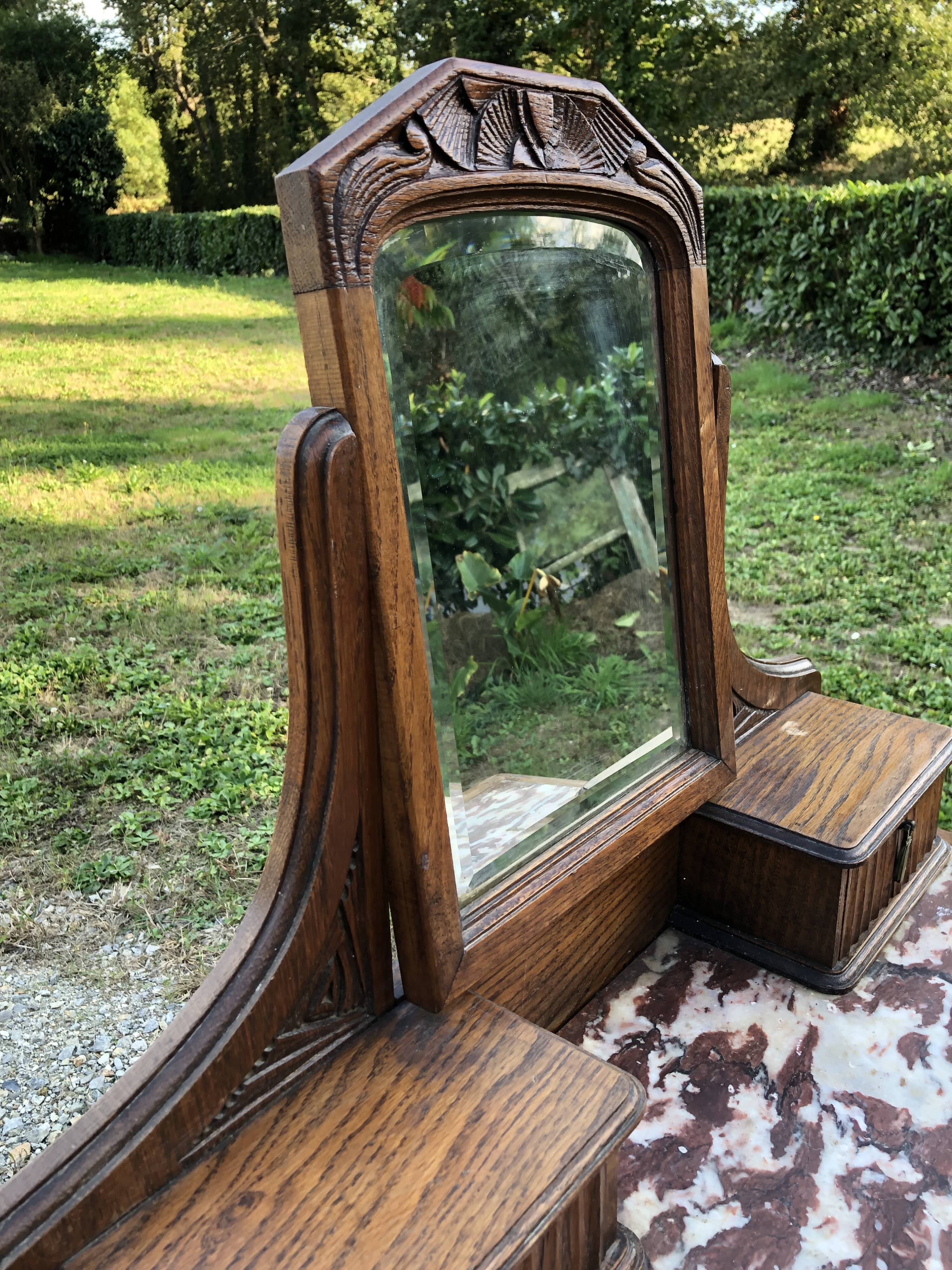 Coiffeuse vintage Rococo Art Déco en chêne massif à 3 tiroirs dessus marbre.