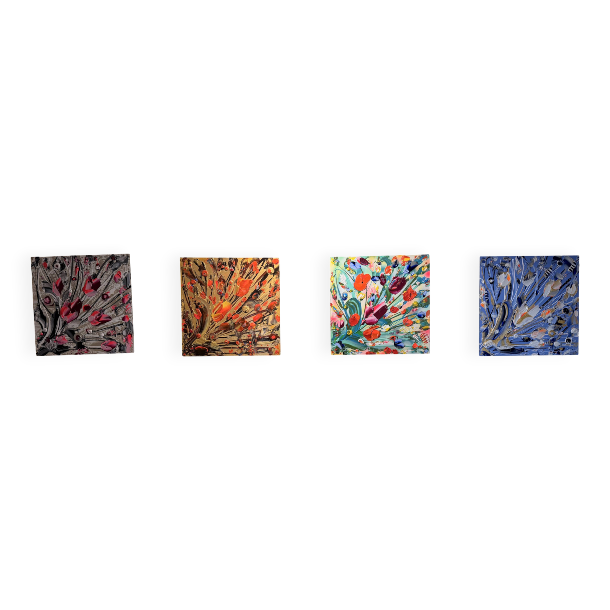 Quadriptyque de peintures abstraites florales au couteau JP Accault
