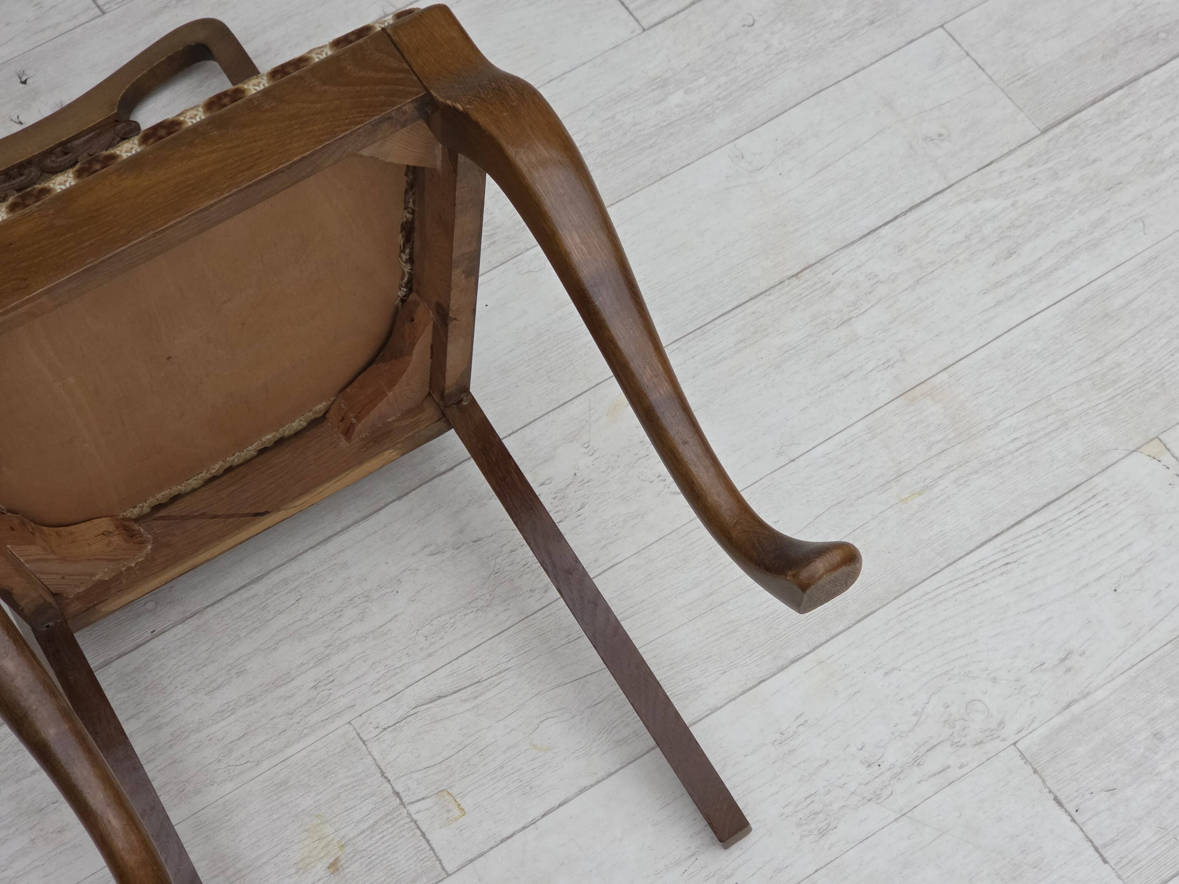 1930s, set of 6 Danish chairs, furniture velour, oak wood, reupholstered.