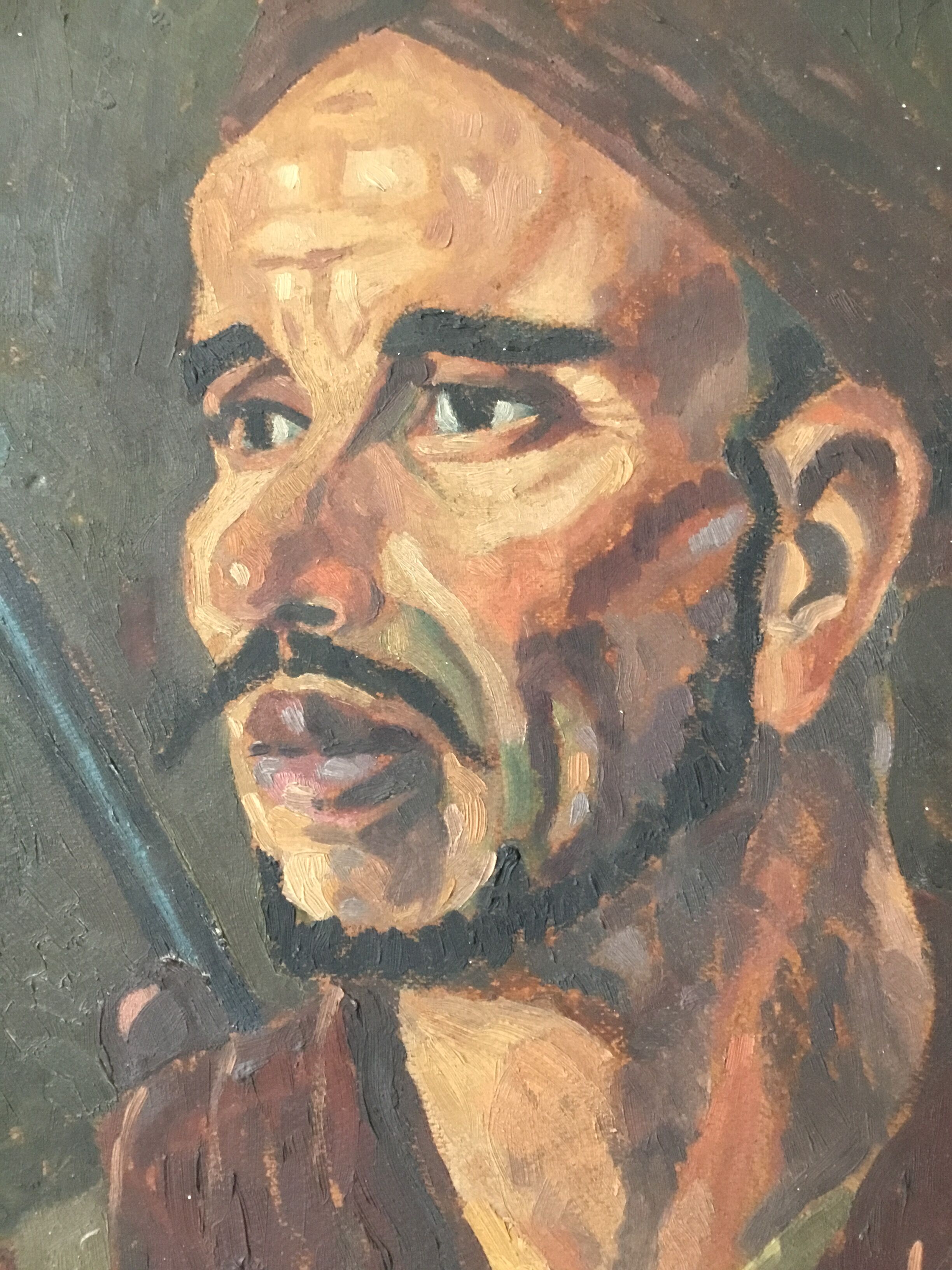 Portrait oil on wood man with the gun