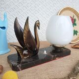 Art Deco swan and white globe table lamp with black marble base