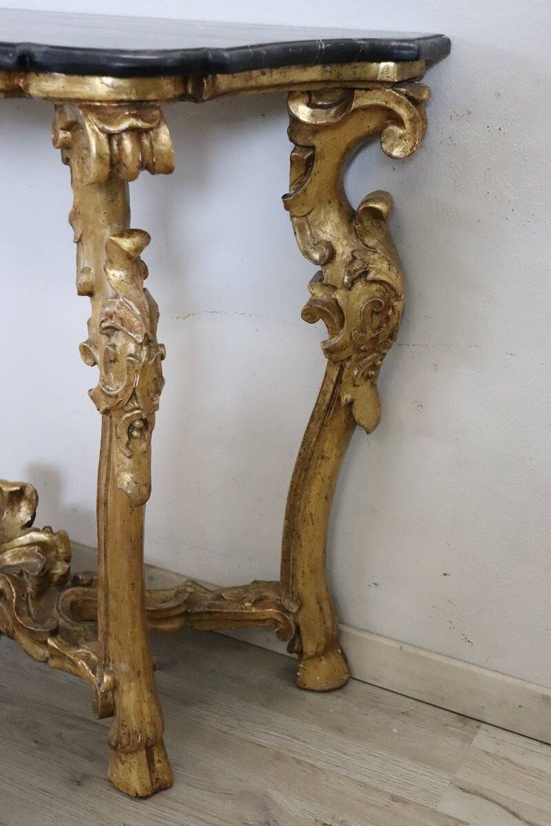 Giltwood antique console table with marble top, Italy 18th century
