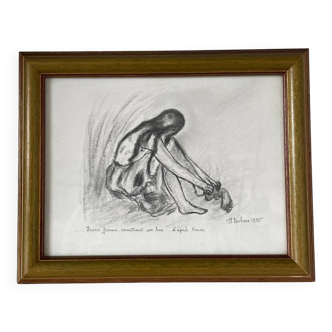 Charcoal drawing signed M Dubois 1995 in gilded frame