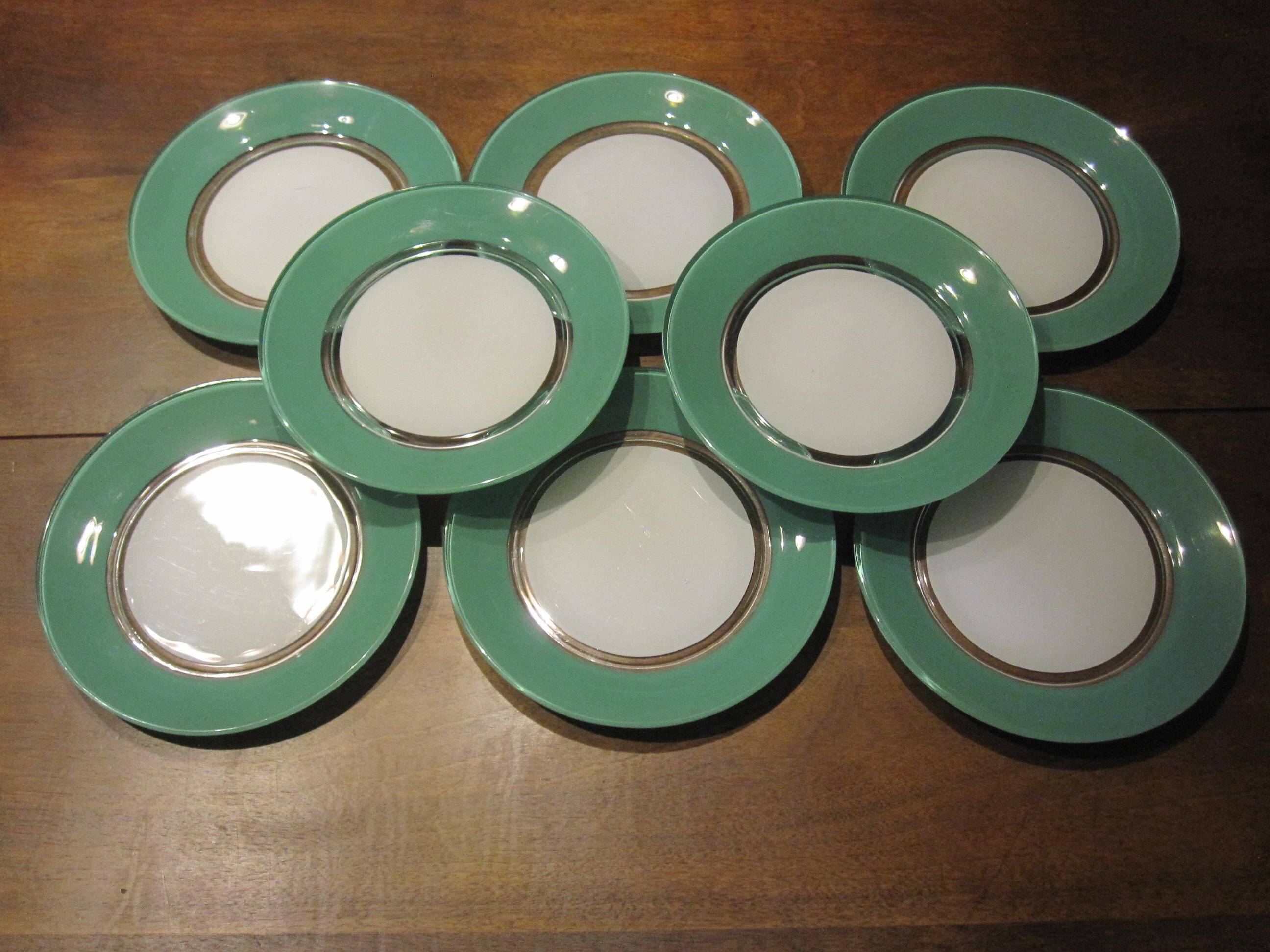 8 small vintage green and white duralex plates