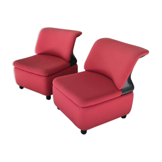 Pair of red tweed and black vinyl armchair