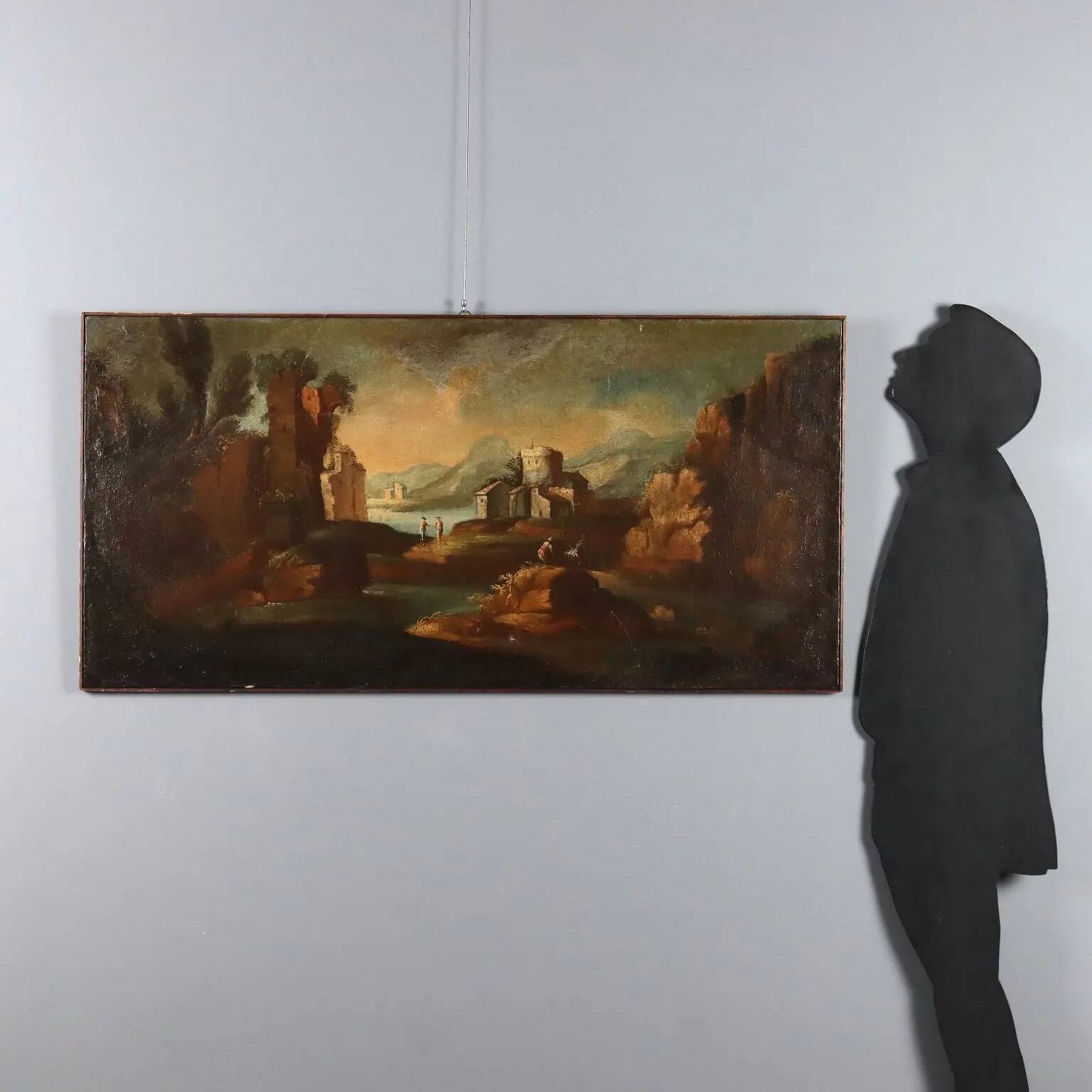 Old painting landscape with figures, oil on canvas, 18th century