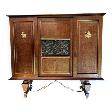 Art Deco sideboard or bar furniture, various veneers, bronze and ironwork, c