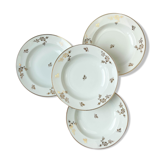 4 assiettes creuses porcelaine de Limoges blanche doré