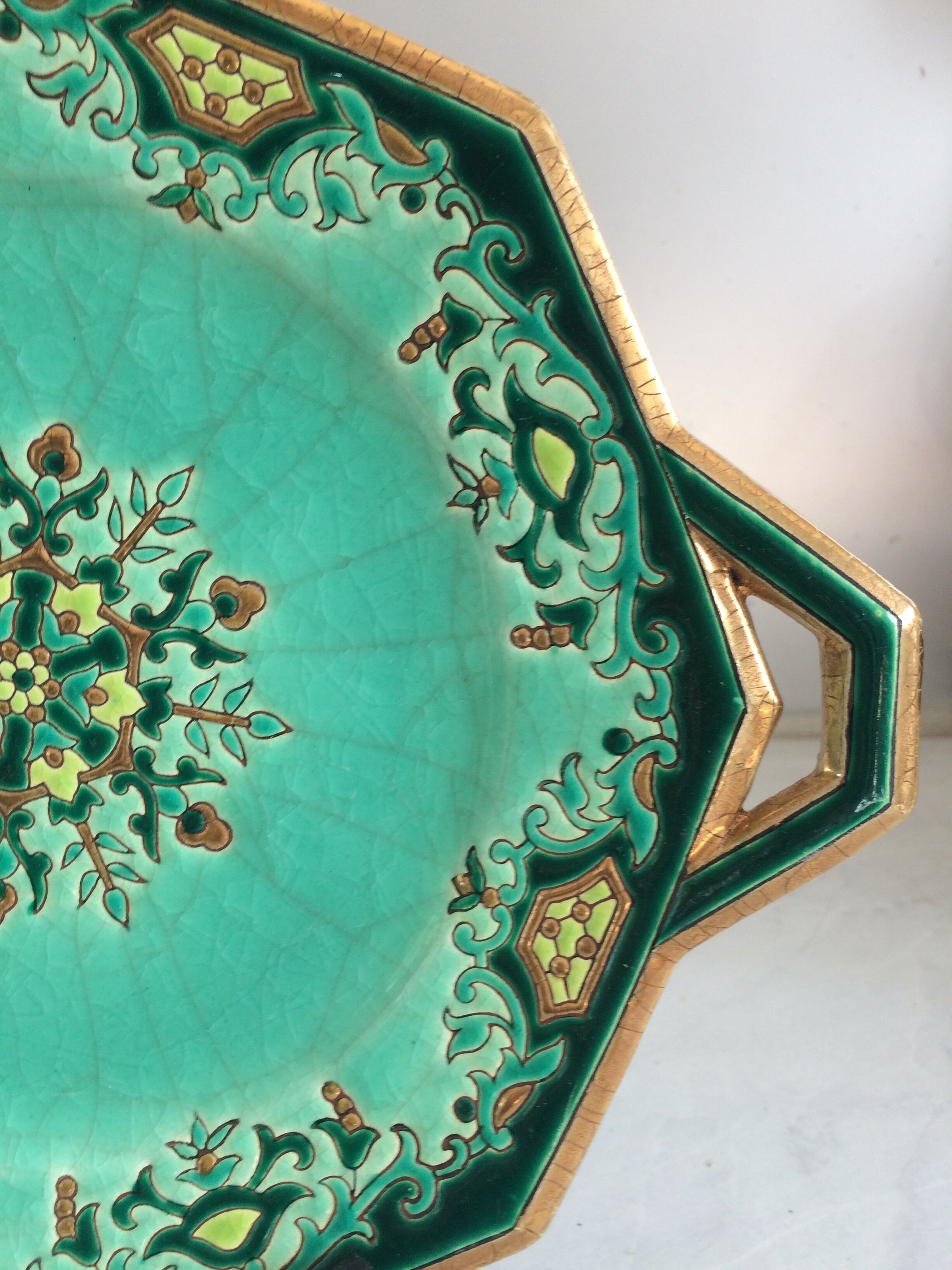 Longwy Chinoisant dish/Art Deco/Emerald green enamels/M.P Chevallier/XXth