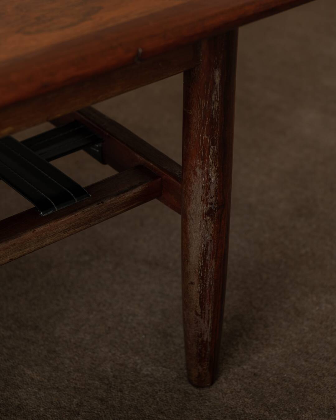 Vintage Rosewood Coffee Table Leather Magazine Shelf Topform Dutch MCM 1960