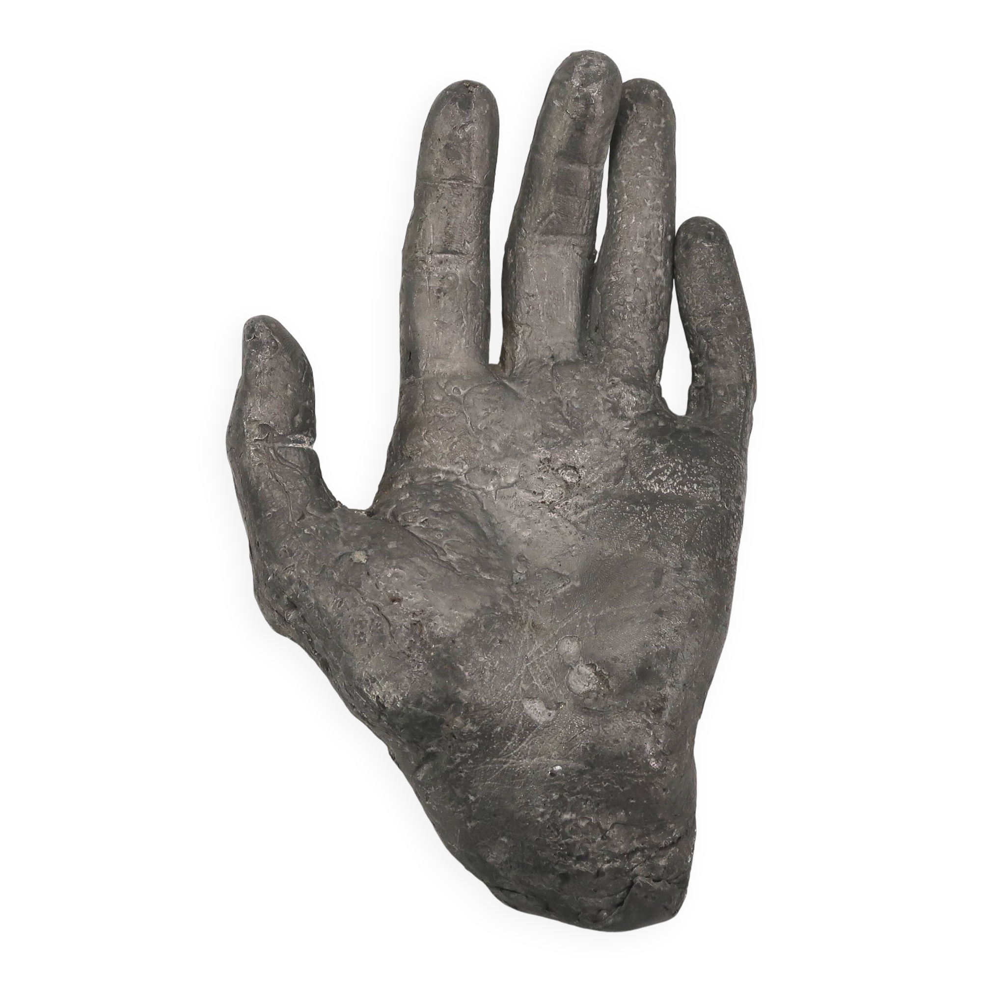 Cast iron silver-coloured catchall in the shape of a hand, 1970s sculpture.
