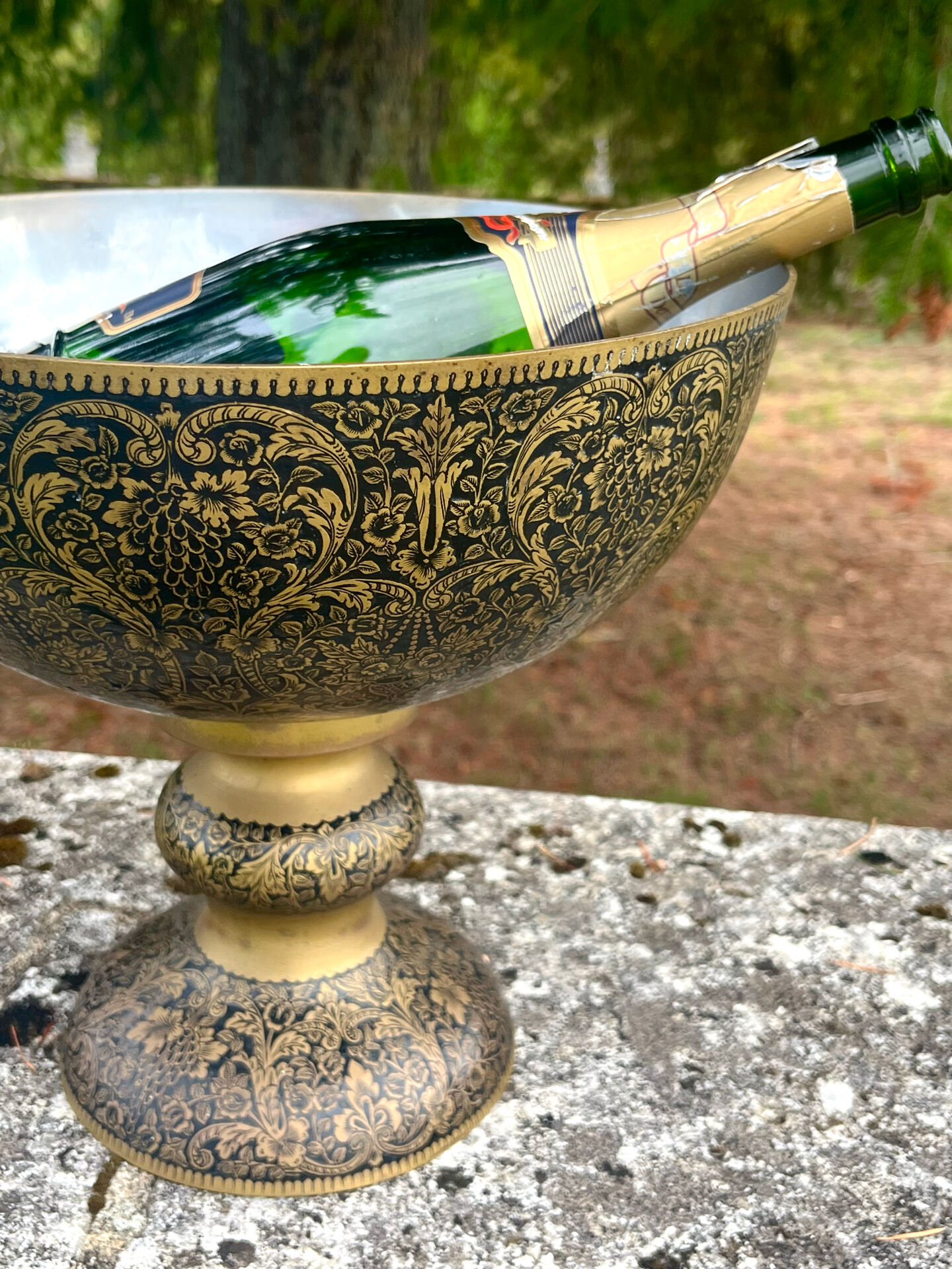 Ornate Floral Pedestal Champagne Cooler, brass ice bucket