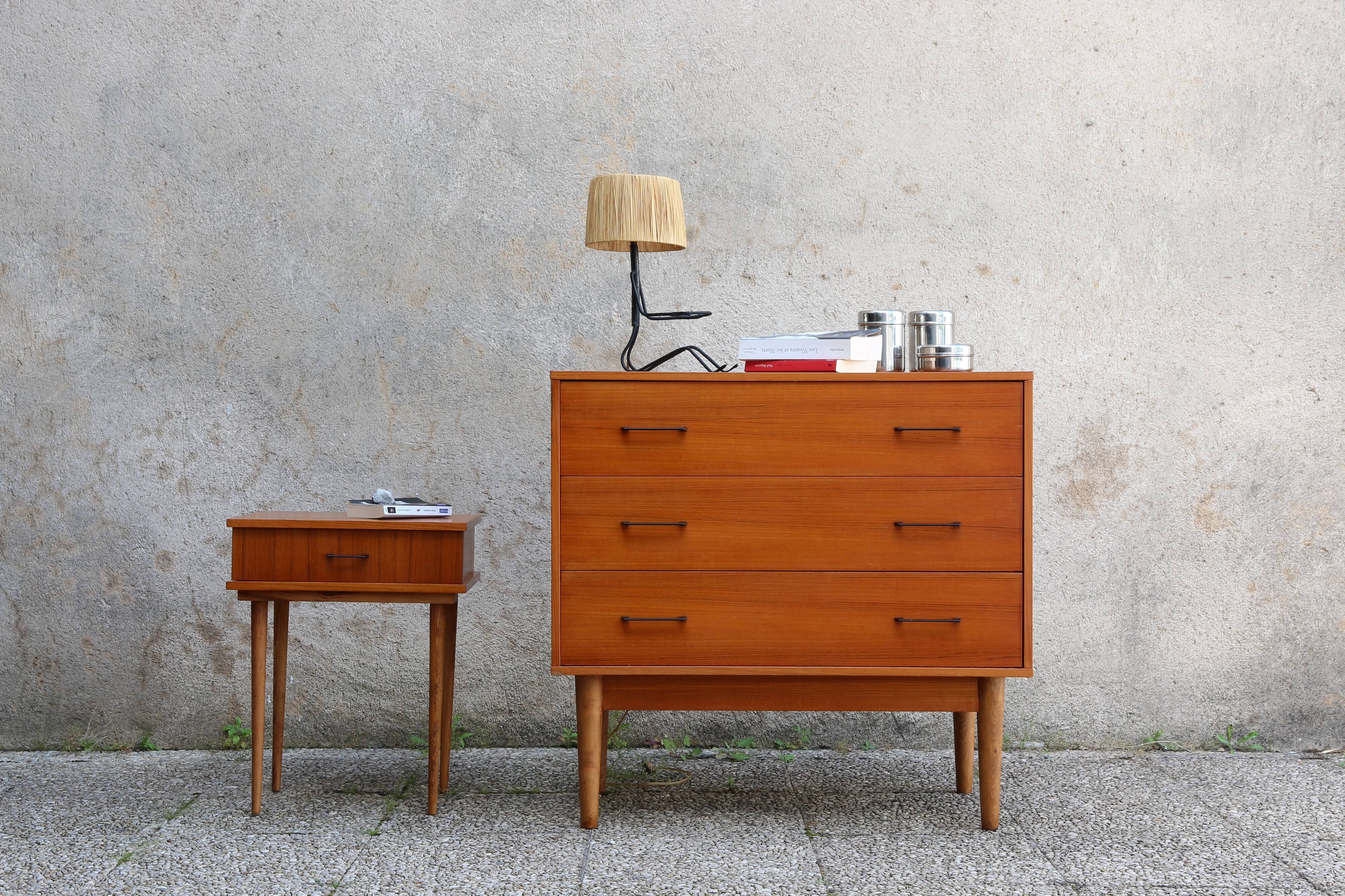 Scandinavian chest of drawers and bedside table from the 50s/60s, vintage teak