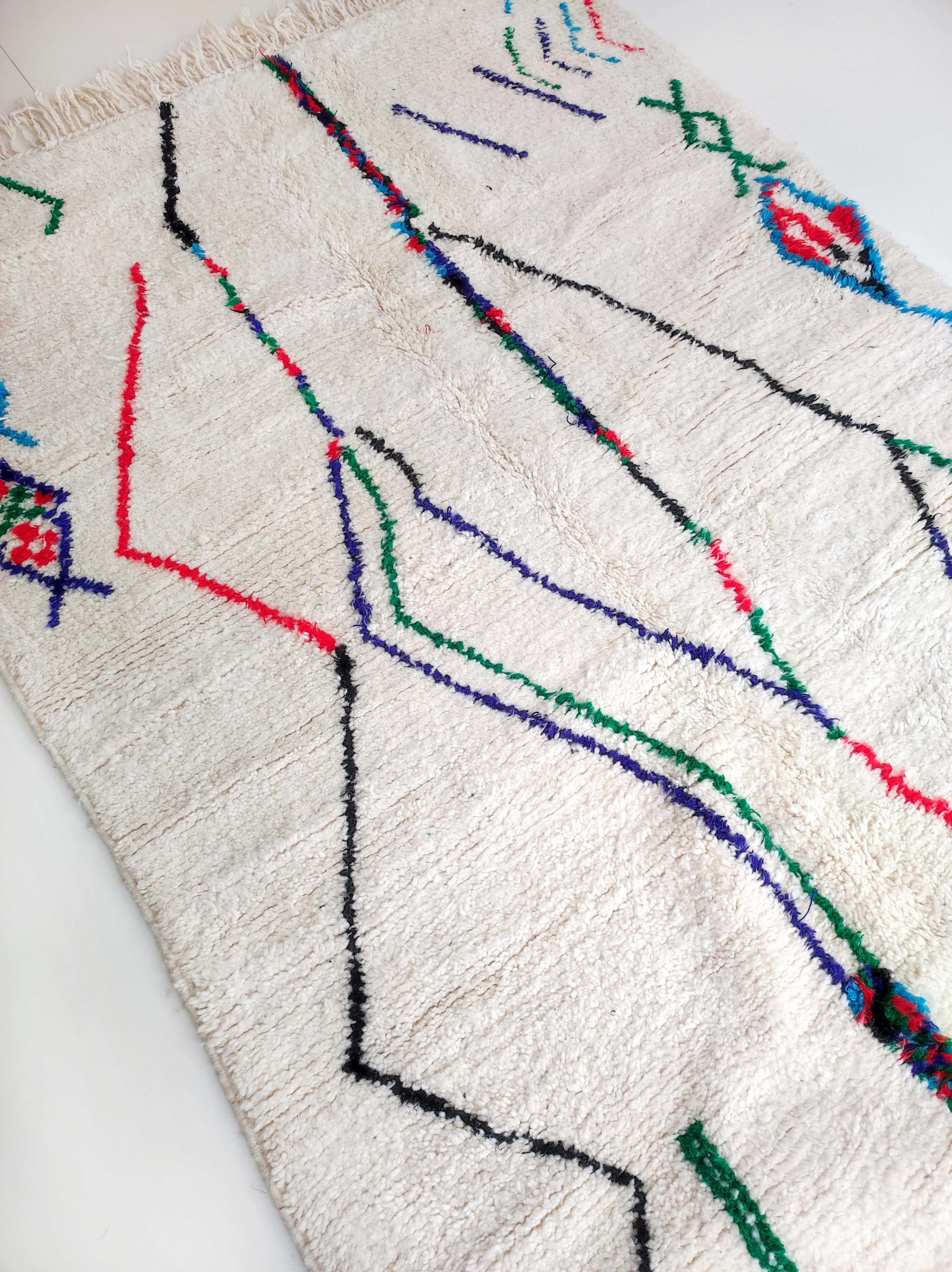 Moroccan Berber carpet azilal ecru with colorful patterns 232x162cm